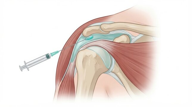 A medical professional performs a corticosteroid injection into the shoulder joint for rehabilitation of an injury.