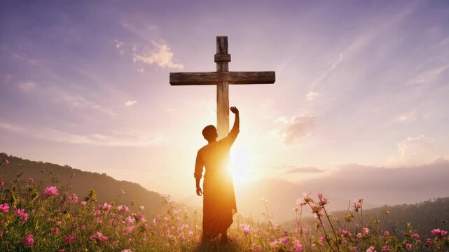 A serene of a Jesus figure with outstretched arms in a field of flowers at sunset.