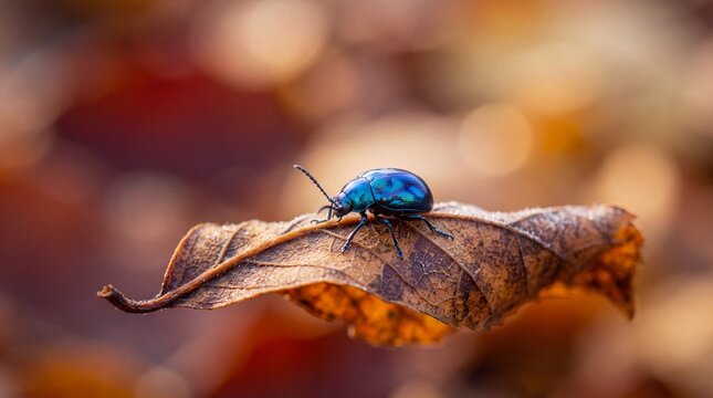 Shiny Blue Leaf Beetle on Dry Autumn Leaf
