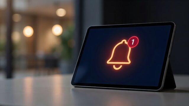 A tablet device displays a glowing orange notification bell icon with an alert badge. Concept for digital communication and mobile app engagement technology.