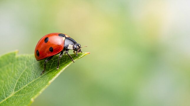 Ladybug Crawling on Fresh Green Leaf in Spring
