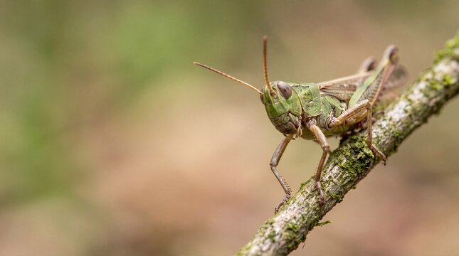 Green Grasshopper Perched on Branch in Nature