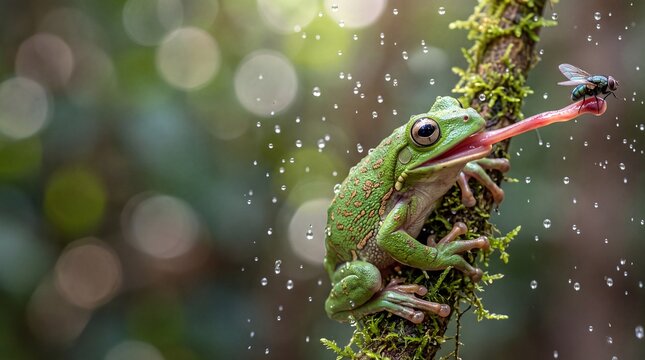 Green Tree Frog Catching Fly With Long Tongue