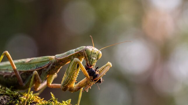 Praying Mantis Eating Prey on Branch Outdoors