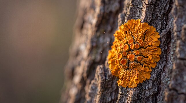 Close-Up of Orange Lichen Growing on Tree Bark