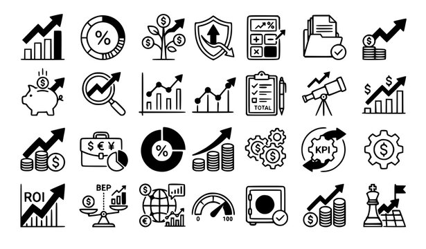 return on investment icons vector set with minimal financial growth stock market and roi line icons