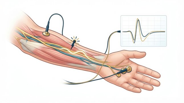 The illustration shows nerve anatomy in the arm highlighting nerve plexus and spinal nerves while demonstrating electrical activity with electrodes.