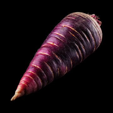 Closeup of a purple carrot isolated on black background with clipping path, representing organic produce and natural freshness