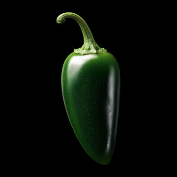 Single green poblano chili pepper isolated on black background with clipping path, concept of freshness, natural food aesthetics
