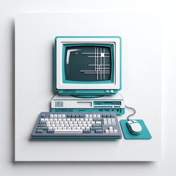 Retro paper cut classic desktop computer setup with CRT monitor, keyboard, and mouse, vintage PC illustration isolated on white background