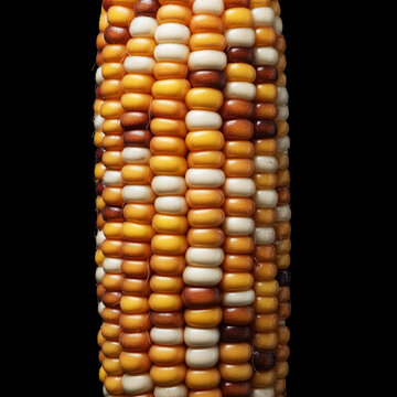 Closeup of colorful corn kernels isolated on black background with clipping path, concept of agriculture and harvest season