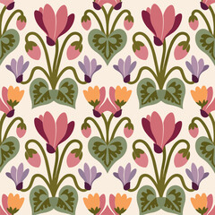 Fototapeta premium Nordic Folk Cyclamen Floral Seamless Pattern Source