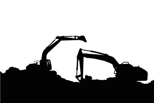 Two Crawler excavators silhouette are digging the soil in the construction site , isolated  on the white background