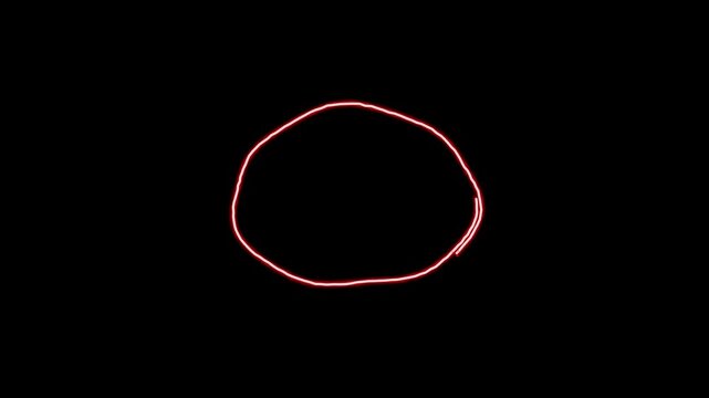 Hand drawn red circle animation, glowing neon doodle loop on black background, sketchy highlight element for video editing