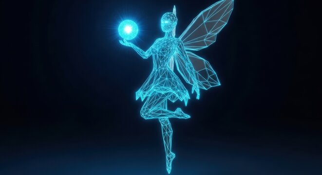 Glowing digital wireframe fairy holding a magic light orb in dark space illustration
