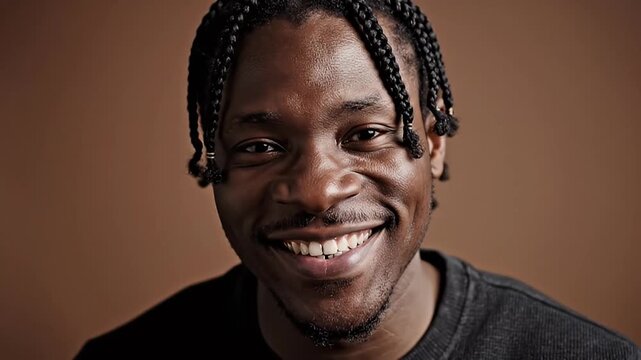 Close-up portrait of a smiling Black man with braided hair, looking directly at the camera, warm