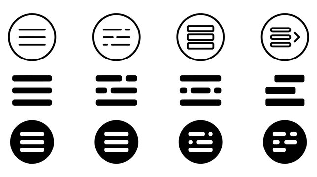 Minimalist hamburger menu icon set, black navigation button symbols for mobile apps, 12 vector web interface elements