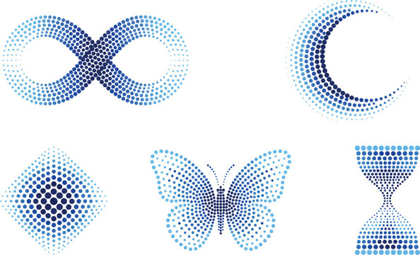 A collection of abstract blue geometric line art illustrations featuring a butterfly infinity symbol crescent moon star and an hourglass shape design