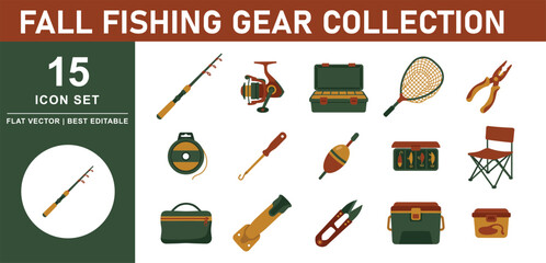 Fall Fishing Gear Tackle Rod Reel Net Box and Accessories Vector Clipart Icon Set © Sadiadesigner