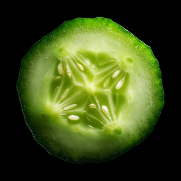 Closeup of fresh cucumber slice showing seeds isolated on black background with clipping path, concept of freshness healthy eating