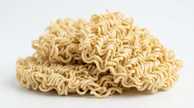 Dried Instant Ramen Noodles Stacked on White Background, Quick Meal