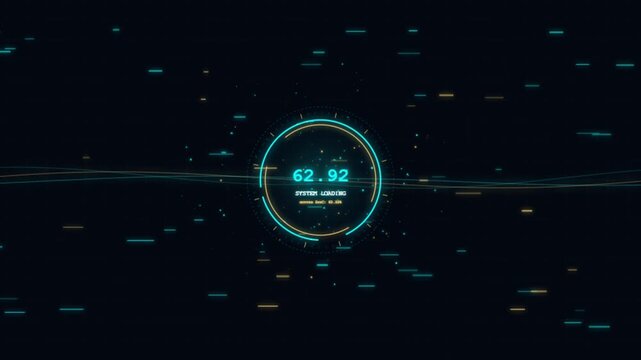 Digital Loading Screen Interface with Glowing Cyan Circular Progress Gauge and Moving Data Lines