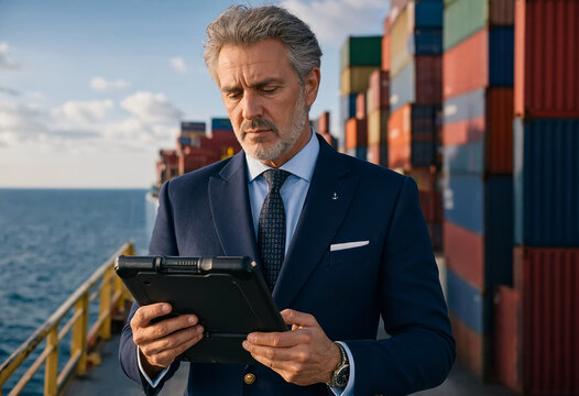 Focused male shipping executive reviews data on a rugged tablet on a cargo ship deck. Massive, colorful shipping containers stack behind him, capturing global commerce and maritime logistics