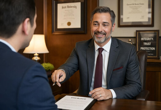 A smiling insurance executive hands a pen to a client over a clipboard labeled insurance. Traditional office features wood paneling, a classic lamp, university degrees, and an integrity sign