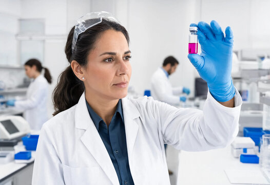 A focused female biotech lab director wearing a white coat and safety goggles holds up a vial of pink liquid for inspection. Bright, modern laboratory with fellow researchers and scientific equipment