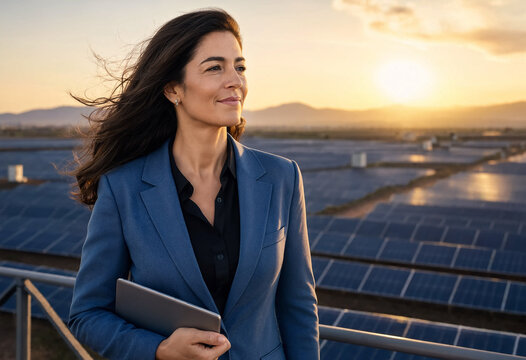 Confident female executive looking out over a vast field of solar panels. Her hair catches the wind against a stunning background of distant mountains and a golden sunset sky