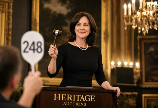 Auction director at podium smiling as holding a gavel. Female auctioneer faces a bidder holding paddle
