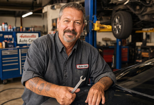 Smiling auto shop owner holds a wrench inside repair bay, leaning on a car hood while a vehicle stands on a hydraulic lift in the background, surrounded by toolboxes and industrial garage equipment