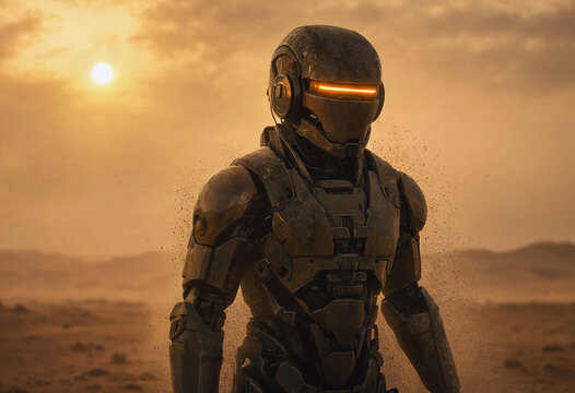 A futuristic soldier in dark, heavy armor stands firm as a sandstorm swirls around him in a desolate otherworldly desert. His glowing orange visor on helmet cuts through the dusty alien atmosphere
