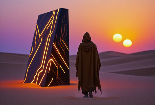 A cloaked silhouette walks across otherworldly deserts toward a massive, dark monolith covered in glowing orange circuits. Sci-fi twin suns hang low on the horizon of an alien planet at dusk