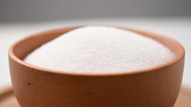 Wooden bowl of white sugar. Close up