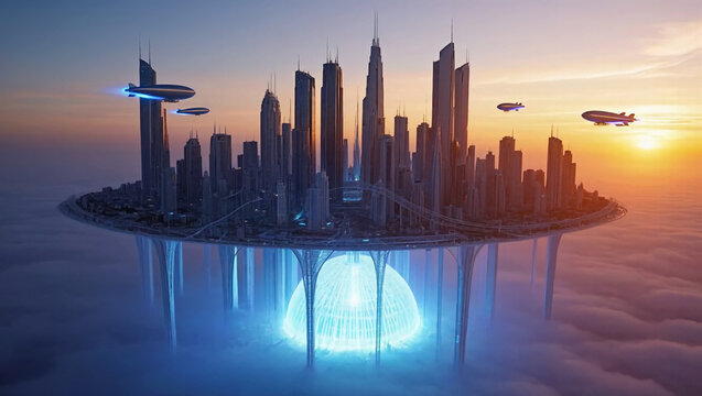 Futuristic metropolis floats high above the clouds at sunset, anchored by a massive, glowing blue energy core underneath. Sleek airships cruise past towering skyscrapers. Advanced sci-fi civilization