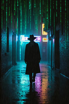Man silhouette in a trench coat and fedora walks down a rainy, neon-lit alleyway. Falling green digital code blends with the rain under glowing signs, capturing a classic cyberpunk mystery aesthetic