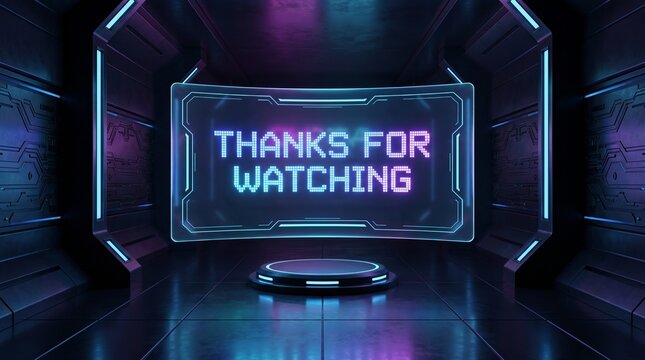 Neon sign reading thanks for watching glows on a futuristic digital screen inside a dark metallic tunnel.