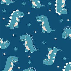 blue t-rex dinosaur cartoon seamless pattern vector for kids apparel fullprint fabric design © Rizki