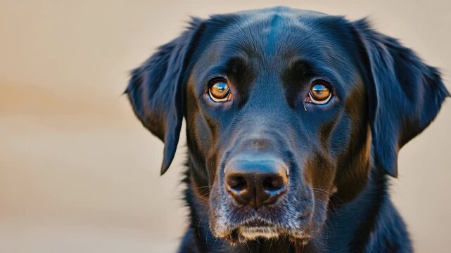 Close-up of a black retriever dog with a focused look.