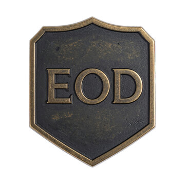 Shield shaped metal badge engraved with the text EOD, isolated on transparent background