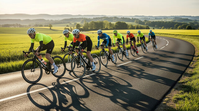 Group of road cyclists riding bicycles on a scenic country road. road cycling training, sports competition, peloton ride.