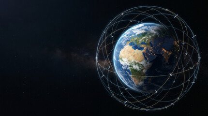 Naklejka premium Earth planet surrounded by a global satellite communication network in outer space