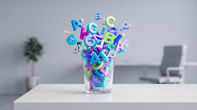 Colorful 3D Letters Exploding from a Glass on an Office Desk