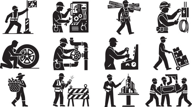 Construction Workers and Industrial Labor Character Glyph Icon Set Vector Illustration