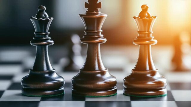 A close-up view of a chess board with chess pieces in the middle of an intense game.