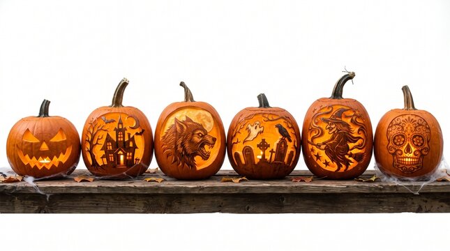 Row of carved glowing Halloween pumpkins isolated