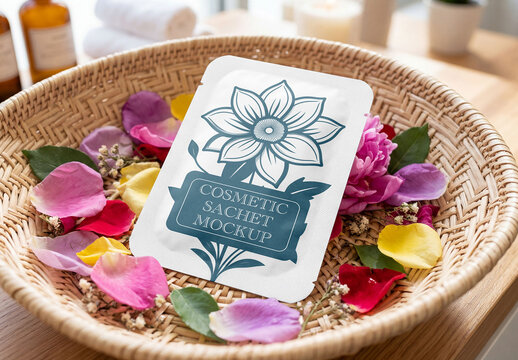 Cosmetic Sachet in Basket Mockup