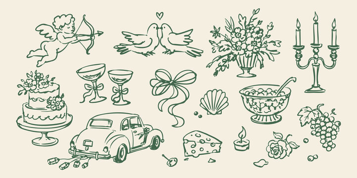 Wedding Vintage Hand Drawn Element Set Illustration