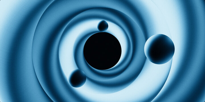Abstract blue swirling vortex with floating spheres against a dark background with grainy noise texture. Hand crafted digital abstract background.